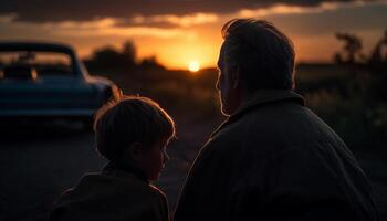 le coucher du soleil collage famille embrasse en plein air, profiter la nature de bonne humeur lumière du soleil aventure généré par ai photo