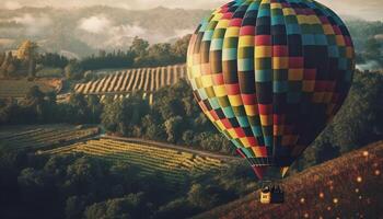 multi coloré chaud air ballon flotteurs milieu air plus de Montagne paysage généré par ai photo