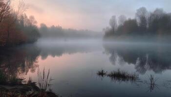 tranquille scène de l'automne forêt reflète dans encore étang à crépuscule généré par ai photo