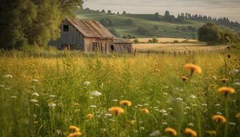 tranquille prairie, rustique Grange, Jaune pissenlits, idyllique campagne, serein le coucher du soleil généré par ai photo