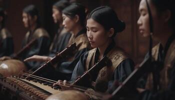 Jeune femmes pratiquant classique la musique sur violon avec sélectif concentrer généré par ai photo