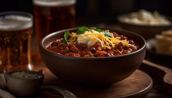 fraîchement cuit gourmet repas sur rustique en bois table avec Bière généré par ai photo