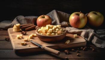 en bonne santé gourmet casse-croûte Pomme tranche avec biologique Camembert et noyer généré par ai photo