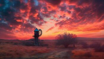 silhouette de Moulin à vent contre Orange le coucher du soleil dans tranquille rural scène généré par ai photo