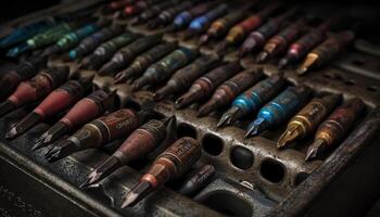 une collection de vieux l'écriture instruments dans une métallique arrangement généré par ai photo