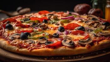 fraîchement cuit Pizza avec mozzarella, tomate, et noir Olives généré par ai photo