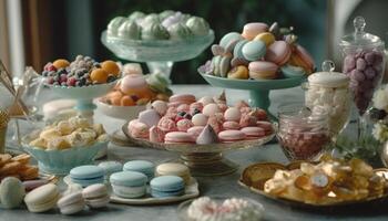 multi coloré macarons arrangé dans un fleuri modèle sur une assiette généré par ai photo