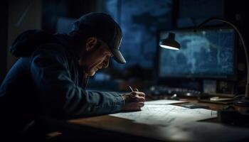 un architecte, séance à bureau, esquisse plan avec crayon généré par ai photo