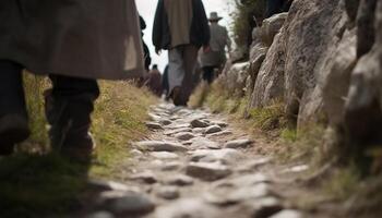 groupe randonnée par forêt, faire un pas sur rochers, profiter la nature beauté généré par ai photo