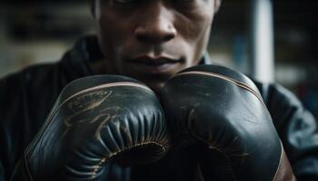 musclé homme perforation avec détermination dans kickboxing compétition bague généré par ai photo