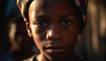 africain américain Jeune adulte regarder en toute confiance à caméra, en plein air, proche en haut généré par ai photo
