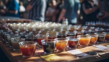 vie nocturne fête avec Frais des cocktails verser dans une rangée à bar généré par ai photo