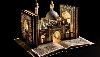 en train de lire ancien religieux livre dans arabe style architecture à nuit généré par ai photo