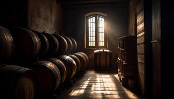 ancien vignoble magasins vieux façonné whisky dans rustique souterrain cave généré par ai photo