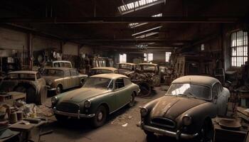 rouillé antique voiture dans abandonné sale garage génératif ai photo