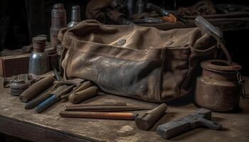 artisan réparer vieux façonné cuir chaussure avec rouillé outils à l'intérieur généré par ai photo