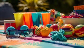 vibrant été table décoration avec coloré jouets génératif ai photo