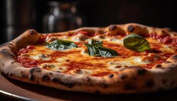 fraîchement cuit Pizza sur rustique en bois table génératif ai photo