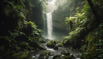 mystère brouillard les flux plus de tranquille tropical ravin génératif ai photo