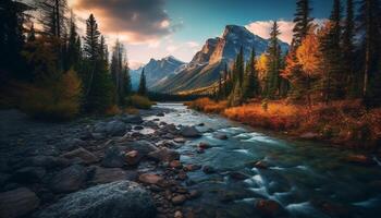 majestueux rocheux montagnes réfléchir tranquille le coucher du soleil couleurs génératif ai photo