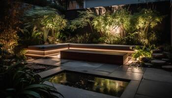 luxe au bord de la piscine oasis avec moderne conception éléments génératif ai photo