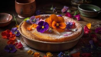 fait maison sucré tarte sur rustique en bois table génératif ai photo