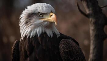 majestueux chauve Aigle perché sur bifurquer, en train de regarder génératif ai photo