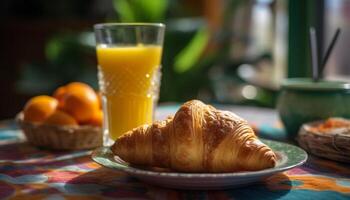 Frais croissant et Orange jus pour continental petit déjeuner génératif ai photo