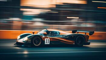 flou mouvement, brillant voiture de course, illuminé nuit Succès génératif ai photo