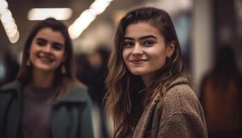 Jeune adultes souriant, à la recherche à caméra en plein air génératif ai photo