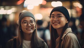 Jeune femmes souriant, à la recherche à caméra en plein air génératif ai photo