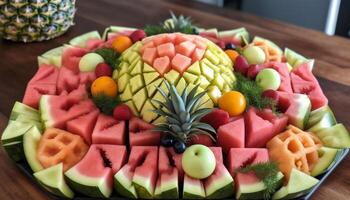 en bonne santé fruit salade avec une variété de couleurs génératif ai photo