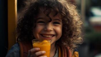 souriant enfant en portant Frais Orange boisson en plein air génératif ai photo