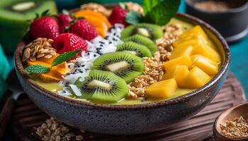 Frais fruit bol avec granola et yaourt génératif ai photo