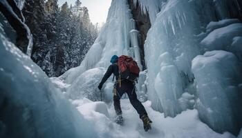 un la personne randonnée en haut congelé Montagne de pointe génératif ai photo