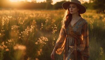 Jeune femme permanent dans tranquille prairie, souriant génératif ai photo