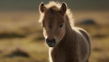 mignonne poulain pâturage dans rural Prairie portrait génératif ai photo