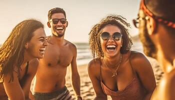 Jeune adultes prendre plaisir insouciant plage fête amusement génératif ai photo