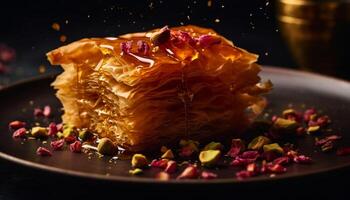 sucré gourmet dessert tranche sur en bois assiette généré par ai photo