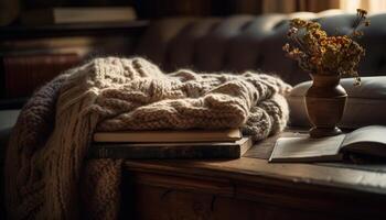 confortable hiver en train de lire dans vieux façonné rustique bibliothèque généré par ai photo