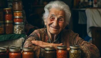 souriant Sénior femme en portant fait maison fruit pot généré par ai photo