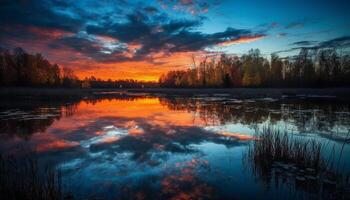 vibrant le coucher du soleil reflète sur tranquille forêt étang généré par ai photo