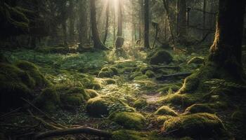 tranquille scène de mystère dans forêt brouillard généré par ai photo