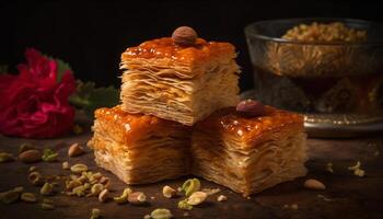 sucré tarte sur rustique bois tableau, indulgence généré par ai photo