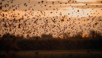 silhouette de animal en volant dans crépuscule ciel généré par ai photo