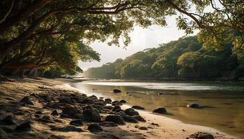 tranquille scène de arbre par écoulement des eaux généré par ai photo