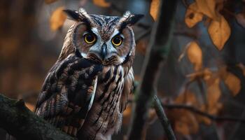 génial cornu hibou perché sur arbre branche généré par ai photo