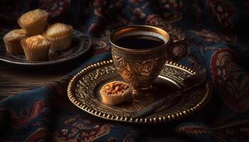 fait maison dessert et turc café sur fleuri table généré par ai photo