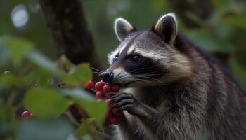 mignonne chiot en mangeant sur branche dans forêt généré par ai photo