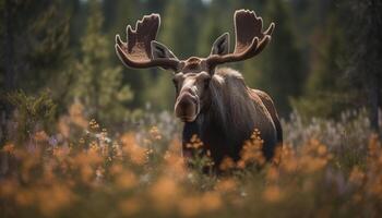 cornu wapiti broute dans prairie, l'automne beauté généré par ai photo